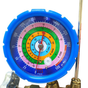 Appli Parts APMG-A3B36S R134, R22, R404, R410 Manifold Gauge Set, Brass Body with Sight-glass, Includes 36 in long 1/4 in SAE Hose Set, Pressure psi, Temperature Fahrenheit Scales