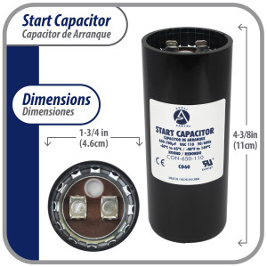 Appli Parts motor start capacitor 650-780 Mfd (microfarads) uF 110-125 VAC universal fit for electric motor applications 1-3/4 in Wide 4-3/8 in Height CON-650-110
 Appli Parts motor start capacitor 650-780 Mfd (microfarads) uF 110-125 VAC universal fit for electric motor applications 1-3/4 in Wide 4-3/8 in Height CON-650-110
