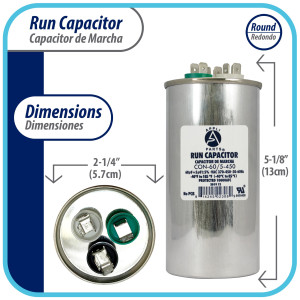Appli Parts Condensador Capacitor de Marcha 60+5 Mfd uF (microfaradios) 370VAC o 450VAC CBB65 Universal Aire acondicionado y aplicaciones Redondo UL E476928 13cm Alto 5.7cm Ancho CON-60/5-450 Appli Parts Condensador Capacitor de Marcha 60+5 Mfd uF (microfaradios) 370VAC o 450VAC CBB65 Universal Aire acondicionado y aplicaciones Redondo UL E476928 13cm Alto 5.7cm Ancho CON-60/5-450