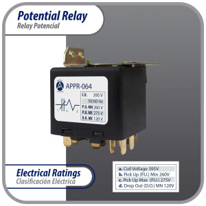Appli Parts APPR-064 Relay Potencial 064, Voltaje de Bobina 395 V, Recogida Minima 260 V, Recogida Maxima 275 V, Caida Maxima 120 V, 50/60Hz Remplazo universal para unidades de refrigeracion y aire acondicionado Appli Parts APPR-064 Relay Potencial 064, Voltaje de Bobina 395 V, Recogida Minima 260 V, Recogida Maxima 275 V, Caida Maxima 120 V, 50/60Hz Remplazo universal para unidades de refrigeracion y aire acondicionado