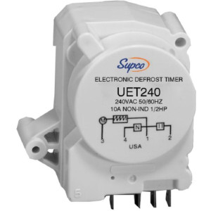 Universal Electronic Timer Supco 240vac 50-60hz UET240. Temperature range: 32F to 135F (0C to 57C) PIN 3412 Adjustable Defrost Frequency 4 to 12 hrs Adjustable Defrost Time 10 to 35 min Universal Electronic Timer Supco 240vac 50-60hz UET240. Temperature range: 32F to 135F (0C to 57C) PIN 3412 Adjustable Defrost Frequency 4 to 12 hrs Adjustable Defrost Time 10 to 35 min