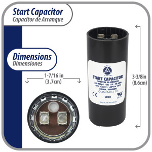 Appli Parts motor start capacitor 340-408 Mfd (microfarads) uF 110-125 VAC universal fit for electric motor applications 1-7/16 in Wide 3-3/8 in Height CON-340-110
 Appli Parts motor start capacitor 340-408 Mfd (microfarads) uF 110-125 VAC universal fit for electric motor applications 1-7/16 in Wide 3-3/8 in Height CON-340-110