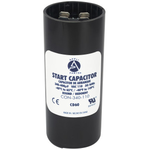 Appli Parts motor start capacitor 340-408 Mfd (microfarads) uF 110-125 VAC universal fit for electric motor applications 1-7/16 in Wide 3-3/8 in Height CON-340-110
 Appli Parts motor start capacitor 340-408 Mfd (microfarads) uF 110-125 VAC universal fit for electric motor applications 1-7/16 in Wide 3-3/8 in Height CON-340-110