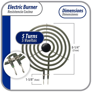 MP21YA Appli Parts Parts Surface Burner Heating Element 5 Turns, 8 in, 2100 W, 240 V, Compatible with Whirlpool 8053268, 9761345, 8053268, 9761345, 4165352, 4389732, 4163771, 877983, 879066, TS5W8221SS