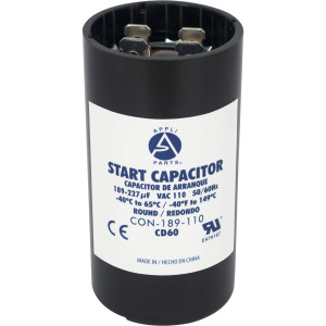 Appli Parts motor start capacitor 189-227 Mfd (microfarads) uF 110-125 VAC universal fit for electric motor applications 1-7/16 in Diameter 2-3/4 in Height CON-189-110 
 Appli Parts motor start capacitor 189-227 Mfd (microfarads) uF 110-125 VAC universal fit for electric motor applications 1-7/16 in Diameter 2-3/4 in Height CON-189-110