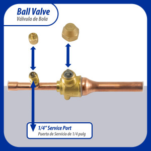 Appli Parts APBV-038 Valvula de Cierre 3/8 pulg tipo Bola de conexion soldable con puerto de servicio SAE de 1/4 de pulg presion maxima de trabajo 610 psi temperaturas de -30 C a 120 C longitud total 165 mm