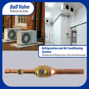 Appli Parts APBV-038 Valvula de Cierre 3/8 pulg tipo Bola de conexion soldable con puerto de servicio SAE de 1/4 de pulg presion maxima de trabajo 610 psi temperaturas de -30 C a 120 C longitud total 165 mm