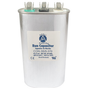 Appli Parts Dual Run Capacitor for ac 55+5 Mfd uF (microfarads) 370VAC CBB65 Oval Universal fit for hvac and other applications 2-3/4in Wide 1-3/4in Depth 5-1/4in High CON-55/5-370 Appli Parts Dual Run Capacitor for ac 55+5 Mfd uF (microfarads) 370VAC CBB65 Oval Universal fit for hvac and other applications 2-3/4in Wide 1-3/4in Depth 5-1/4in High CON-55/5-370