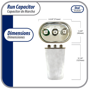 Appli Parts Dual Run Capacitor for ac 55+5 Mfd uF (microfarads) 370VAC CBB65 Oval Universal fit for hvac and other applications 2-3/4in Wide 1-3/4in Depth 5-1/4in High CON-55/5-370 Appli Parts Dual Run Capacitor for ac 55+5 Mfd uF (microfarads) 370VAC CBB65 Oval Universal fit for hvac and other applications 2-3/4in Wide 1-3/4in Depth 5-1/4in High CON-55/5-370