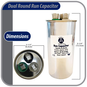 Appli Parts Dual Run Capacitor for ac 80+5 Mfd uF (microfarads) 370VAC CBB65 Round Universal fit for hvac and other applications 2-1/2 in Wide 5-1/4 in Height CON-80/5-370-R
 Appli Parts Dual Run Capacitor for ac 80+5 Mfd uF (microfarads) 370VAC CBB65 Round Universal fit for hvac and other applications 2-1/2 in Wide 5-1/4 in Height CON-80/5-370-R