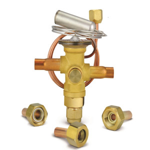 Danfoss 067L5959 7TR Valvula de Expansion Termostatica, TR 6, R410A, 3/8x3/8 pulg Soldable, ODF, 1/4 pulg Tubo Cap. Flare, Troquel flecha 1-Via, -10 a 15 C 