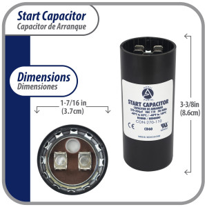 Appli Parts motor start capacitor 270-324 Mfd (microfarads) uF 110-125 VAC universal fit for electric motor applications 1-7/16 in Wide 3-3/8 in Height CON-270-110
 Appli Parts motor start capacitor 270-324 Mfd (microfarads) uF 110-125 VAC universal fit for electric motor applications 1-7/16 in Wide 3-3/8 in Height CON-270-110