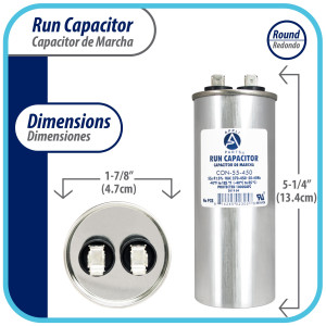 Appli Parts Condensador Capacitor de Marcha 55 Mfd uF (microfaradios) 370VAC o 450VAC CBB65 Universal Aire acondicionado y otras aplicaciones Redondo UL E476928 13.4cm Alto 4.7cm Ancho CON-55-450 Appli Parts Condensador Capacitor de Marcha 55 Mfd uF (microfaradios) 370VAC o 450VAC CBB65 Universal Aire acondicionado y otras aplicaciones Redondo UL E476928 13.4cm Alto 4.7cm Ancho CON-55-450