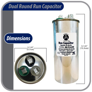 Appli Parts Condensador Capacitor de Marcha 55+7.5 Mfd uF (microfaradios) 370VAC CBB65 Universal Aire acondicionado y otras aplicaciones Redondo UL E476928 13.3cm Alto 5.7cm Ancho CON-55/7.5-370-R