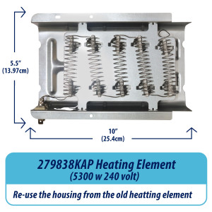 279838 Appli Parts dryer Heater Element 279838KAP KIT: 279838 dryer heating element, 3977767 thermostat, 3387134 thermostat, 3392519 thermal fuse, 3977393 thermal fuse replacements
 279838 Appli Parts dryer Heater Element 279838KAP KIT: 279838 dryer heating element, 3977767 thermostat, 3387134 thermostat, 3392519 thermal fuse, 3977393 thermal fuse replacements