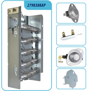 279838 Appli Parts dryer Heater Element 279838KAP KIT: 279838 dryer heating element, 3977767 thermostat, 3387134 thermostat, 3392519 thermal fuse, 3977393 thermal fuse replacements
 279838 Appli Parts dryer Heater Element 279838KAP KIT: 279838 dryer heating element, 3977767 thermostat, 3387134 thermostat, 3392519 thermal fuse, 3977393 thermal fuse replacements