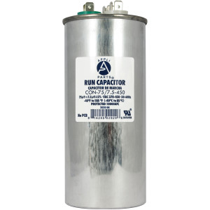 Appli Parts Condensador Capacitor de Marcha 75+7.5 Mfd uF (microfaradios) 370VAC o 450VAC CBB65 Universal Aire acondicionado y aplicaciones Redondo UL E476928 14.4cm Alto 5.7cm Ancho CON-75/7.5-450