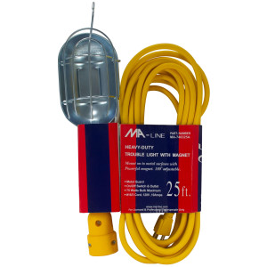 MA-Line MA-748325A Extension con Lampara de Trabajo con giro de 180grados Ajustable y Base Magnetica. Incluye Jaula Metalica protectora para el Bombillo. Cable Numero 16 125V 13Amp 25pies de largo