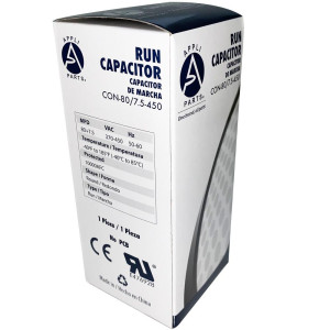 Appli Parts Condensador Capacitor de Marcha 80+7.5 Mfd uF (microfaradios) 370VAC o 450VAC CBB65 Universal Aire acondicionado y aplicaciones Redondo UL E476928 14cm Alto 6cm Ancho CON-80/7.5-450
