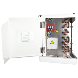 Danfoss 114U0014 Evaporator Optyma LMBP R404 13.1K Btu/hr at 25F SST MBP 14.6K Btu/hr at -20F SST LBP Electric Defrost 6FPI Low Profile 3 x 12in ECM Fans DACC RX L123.1A4/E1 230V/1Ph/60Hz