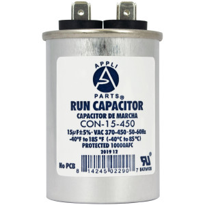 Appli Parts Condensador Capacitor de Marcha 15 Mfd uF (microfaradios) 370VAC o 450VAC CBB65 Universal Aire acondicionado y otras aplicaciones Redondo UL E476928 7.5cm Alto 4.1cm Ancho CON-15-450 Appli Parts Condensador Capacitor de Marcha 15 Mfd uF (microfaradios) 370VAC o 450VAC CBB65 Universal Aire acondicionado y otras aplicaciones Redondo UL E476928 7.5cm Alto 4.1cm Ancho CON-15-450