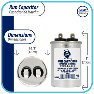 Appli Parts Condensador Capacitor de Marcha 15 Mfd uF (microfaradios) 370VAC o 450VAC CBB65 Universal Aire acondicionado y otras aplicaciones Redondo UL E476928 7.5cm Alto 4.1cm Ancho CON-15-450 Appli Parts Condensador Capacitor de Marcha 15 Mfd uF (microfaradios) 370VAC o 450VAC CBB65 Universal Aire acondicionado y otras aplicaciones Redondo UL E476928 7.5cm Alto 4.1cm Ancho CON-15-450