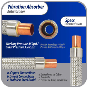 Appli Parts APVE-58 5/8 in Vibration Absorber Eliminator Sweat Connections 9-3/4 in Long 450 psi Max working and 3,265 psi Burst pressure Appli Parts APVE-58 5/8 in Vibration Absorber Eliminator Sweat Connections 9-3/4 in Long 450 psi Max working and 3,265 psi Burst pressure