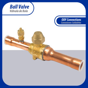 Appli Parts APBV-058 Valvula de Cierre 5/8 pulg tipo Bola de conexion soldable con puerto de servicio SAE de 1/4 de pulg presion maxima de trabajo 610 psi temperaturas de -30 C a 120 C longitud total 165 mm