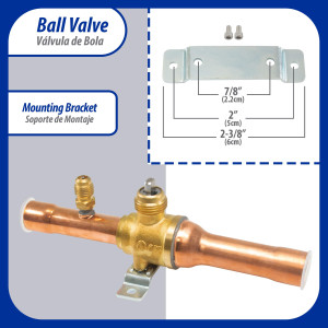 Appli Parts APBV-058 Valvula de Cierre 5/8 pulg tipo Bola de conexion soldable con puerto de servicio SAE de 1/4 de pulg presion maxima de trabajo 610 psi temperaturas de -30 C a 120 C longitud total 165 mm
