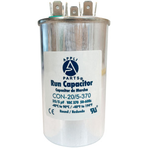 Appli Parts Dual Run Capacitor for ac 20+5 Mfd uF (microfarads) 370VAC CBB65 Round Universal fit for hvac and other applications 2 in Wide 3-3/4 in Height CON-15/5-370-R
