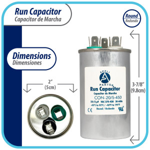 Appli Parts Condensador Capacitor de Marcha 20+5 Mfd uF (microfaradios) 370VAC o 450VAC CBB65 Universal Aire acondicionado y otras aplicaciones Redondo UL E476928 9.8cm Alto 5cm Ancho CON-20/5-450 Appli Parts Condensador Capacitor de Marcha 20+5 Mfd uF (microfaradios) 370VAC o 450VAC CBB65 Universal Aire acondicionado y otras aplicaciones Redondo UL E476928 9.8cm Alto 5cm Ancho CON-20/5-450