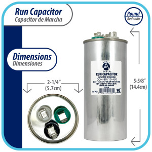 Appli Parts Condensador Capacitor de Marcha 80+10 Mfd uF (microfaradios) 370VAC o 450VAC CBB65 Universal Aire acondicionado y aplicaciones Redondo UL E476928 14.4cm Alto 5.7cm Ancho CON-80/10-450