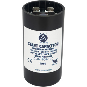 Appli Parts motor start capacitor 108-130 Mfd (microfarads) uF 110-125 VAC universal fit for electric motor applications 1-7/16 in Diameter 2-3/4 in Height CON-108-110
 Appli Parts motor start capacitor 108-130 Mfd (microfarads) uF 110-125 VAC universal fit for electric motor applications 1-7/16 in Diameter 2-3/4 in Height CON-108-110
