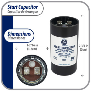 Appli Parts motor start capacitor 108-130 Mfd (microfarads) uF 110-125 VAC universal fit for electric motor applications 1-7/16 in Diameter 2-3/4 in Height CON-108-110
 Appli Parts motor start capacitor 108-130 Mfd (microfarads) uF 110-125 VAC universal fit for electric motor applications 1-7/16 in Diameter 2-3/4 in Height CON-108-110
