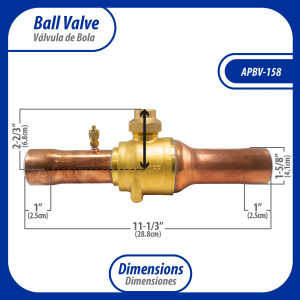 Appli Parts APBV-158 Valvula de Cierre 1-5/8 pulg tipo Bola de conexion soldable con puerto de servicio SAE de 1/4 de pulg presion maxima de trabajo 610 psi temperaturas de -30 C a 120 C longitud total 288 mm