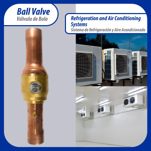 Appli Parts APBV-158 Valvula de Cierre 1-5/8 pulg tipo Bola de conexion soldable con puerto de servicio SAE de 1/4 de pulg presion maxima de trabajo 610 psi temperaturas de -30 C a 120 C longitud total 288 mm