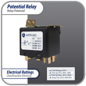 Appli Parts APPR-065 Relay Potencial 065, Voltaje de Bobina 332 V, Recogida Minima 168 V, Recogida Maxima 182 V, Caida Maxima 90 V, 50/60Hz Remplazo universal para unidades de refrigeracion y aire acondicionado Appli Parts APPR-065 Relay Potencial 065, Voltaje de Bobina 332 V, Recogida Minima 168 V, Recogida Maxima 182 V, Caida Maxima 90 V, 50/60Hz Remplazo universal para unidades de refrigeracion y aire acondicionado