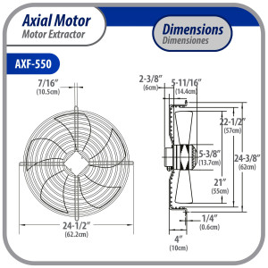 Appli Parts AXF-550-1 21-5/8 in Axial Fan Motor Guard Mounted Fan Blade 220V, 1 Ph, 50-60 Hz, 725W, 1400 rpm, Universal replacement for Cold Room Evaporators, Condensing Units, Work Temp -22F to 140F