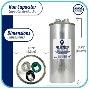 Appli Parts Condensador Capacitor de Marcha 75+5 Mfd uF (microfaradios) 370VAC o 450VAC CBB65 Universal Aire acondicionado y aplicaciones Redondo UL E476928 14.4cm Alto 5.7cm Ancho CON-75/5-450