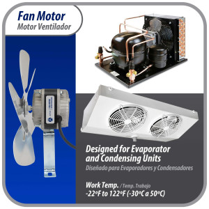 Appli Parts APFM-182E Motor Ventilador 18W Condensador y Evaporador 220V 60Hz 0.5A, Incluye Aspa de Aluminio de 25cm y Base de Montaje, Repuesto Universal para Equipos de Refrigeracion Comercial