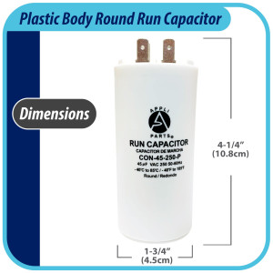 Appli Parts Condensador Capacitor de Marcha 45 Mfd uF (microfaradios) 250VAC CBB60 Cuerpo plastico para bombas de agua y otras aplicaciones Redondo UL E476928 10.8cm Alto 4.5cm Ancho CON-45-250-P