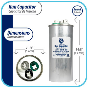 Appli Parts Condensador Capacitor de Marcha 40+10 Mfd uF (microfaradios) 370VAC o 450VAC CBB65 Universal Aire acondicionado y otras aplicaciones Redondo UL E476928 13.7cm Alto 5.4cm Ancho CON-40/10-450
