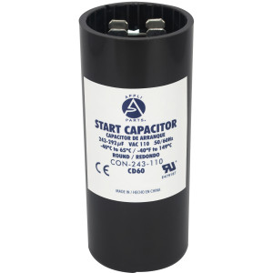 Appli Parts motor start capacitor 243-292 Mfd (microfarads) uF 110-125 VAC universal fit for electric motor applications 1-7/16 in Wide 3-3/8 in Height CON-243-110 Appli Parts motor start capacitor 243-292 Mfd (microfarads) uF 110-125 VAC universal fit for electric motor applications 1-7/16 in Wide 3-3/8 in Height CON-243-110