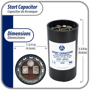 Appli Parts motor start capacitor 300-360 Mfd (microfarads) uF 250 VAC universal fit for electric motor applications 1-3/4 in Diameter 4-3/8 in Height CON-300-250
 Appli Parts motor start capacitor 300-360 Mfd (microfarads) uF 250 VAC universal fit for electric motor applications 1-3/4 in Diameter 4-3/8 in Height CON-300-250