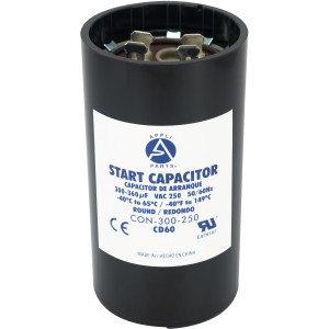 Appli Parts motor start capacitor 300-360 Mfd (microfarads) uF 250 VAC universal fit for electric motor applications 1-3/4 in Diameter 4-3/8 in Height CON-300-250
 Appli Parts motor start capacitor 300-360 Mfd (microfarads) uF 250 VAC universal fit for electric motor applications 1-3/4 in Diameter 4-3/8 in Height CON-300-250