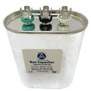 Appli Parts Dual Run Capacitor for ac 80+5 Mfd uF (microfarads) 370VAC CBB65 Oval Universal fit for hvac and other applications 3-1/2in Wide 1-3/4in Depth 4-3/4in High CON-80/5-370 Appli Parts Dual Run Capacitor for ac 80+5 Mfd uF (microfarads) 370VAC CBB65 Oval Universal fit for hvac and other applications 3-1/2in Wide 1-3/4in Depth 4-3/4in High CON-80/5-370