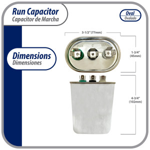 Appli Parts Dual Run Capacitor for ac 80+5 Mfd uF (microfarads) 370VAC CBB65 Oval Universal fit for hvac and other applications 3-1/2in Wide 1-3/4in Depth 4-3/4in High CON-80/5-370 Appli Parts Dual Run Capacitor for ac 80+5 Mfd uF (microfarads) 370VAC CBB65 Oval Universal fit for hvac and other applications 3-1/2in Wide 1-3/4in Depth 4-3/4in High CON-80/5-370