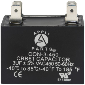 Appli Parts Condensador Capacitor de ventilador 3 mfd (microfaradios) uf 450VAC con conectores compatible con cualquier marca de igual capacitancia 3.7cm Ancho 1.8cm Profundidad 3.7cm Alto CAP-3-450 Appli Parts Condensador Capacitor de ventilador 3 mfd (microfaradios) uf 450VAC con conectores compatible con cualquier marca de igual capacitancia 3.7cm Ancho 1.8cm Profundidad 3.7cm Alto CAP-3-450