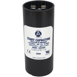 Appli Parts motor start capacitor 378-450 Mfd (microfarads) uF 110-125 VAC universal fit for electric motor applications 1-7/16 in Wide 3-3/8 in Height CON-378-110
 Appli Parts motor start capacitor 378-450 Mfd (microfarads) uF 110-125 VAC universal fit for electric motor applications 1-7/16 in Wide 3-3/8 in Height CON-378-110