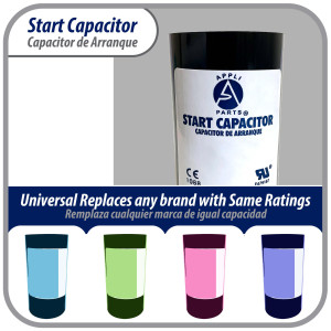Appli Parts motor start capacitor 378-450 Mfd (microfarads) uF 110-125 VAC universal fit for electric motor applications 1-7/16 in Wide 3-3/8 in Height CON-378-110
 Appli Parts motor start capacitor 378-450 Mfd (microfarads) uF 110-125 VAC universal fit for electric motor applications 1-7/16 in Wide 3-3/8 in Height CON-378-110